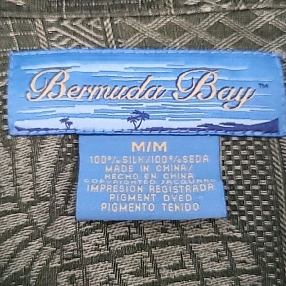 Bermuda Bay Men's Medium Silk Shirt Button Down Short Sleeve Green Tropical - Picture 8 of 16